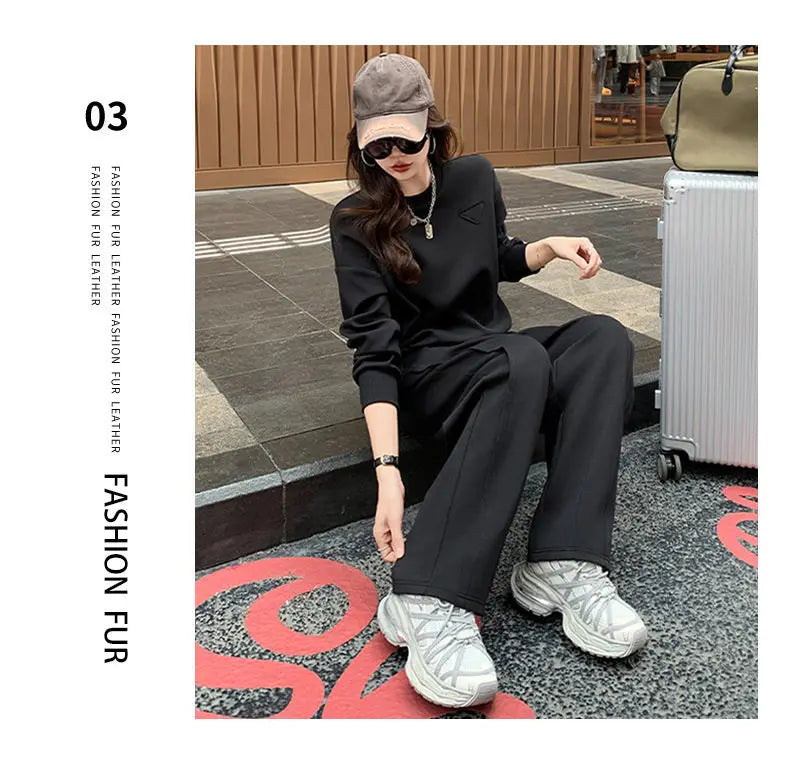 Sportswear Set Women's Autumn Winter Loose Slimming Sweatshirt Two-Piece